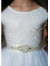 White Lace Tulle Flower Girl Dress With Rhinestone Sash